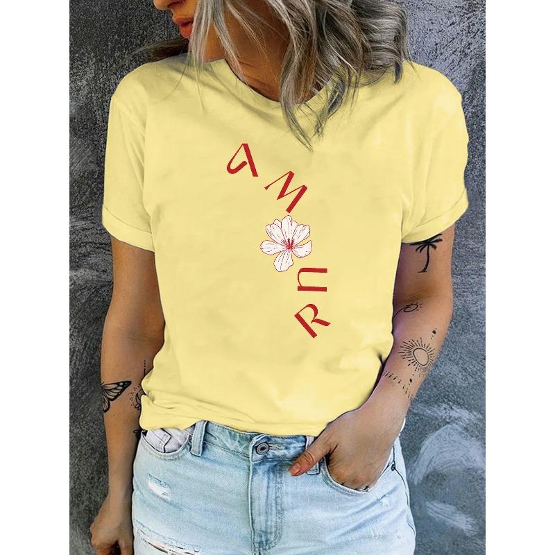Women'S Casual Round-Neck T-Shirt with Stylish Letter Print for Spring and Summer