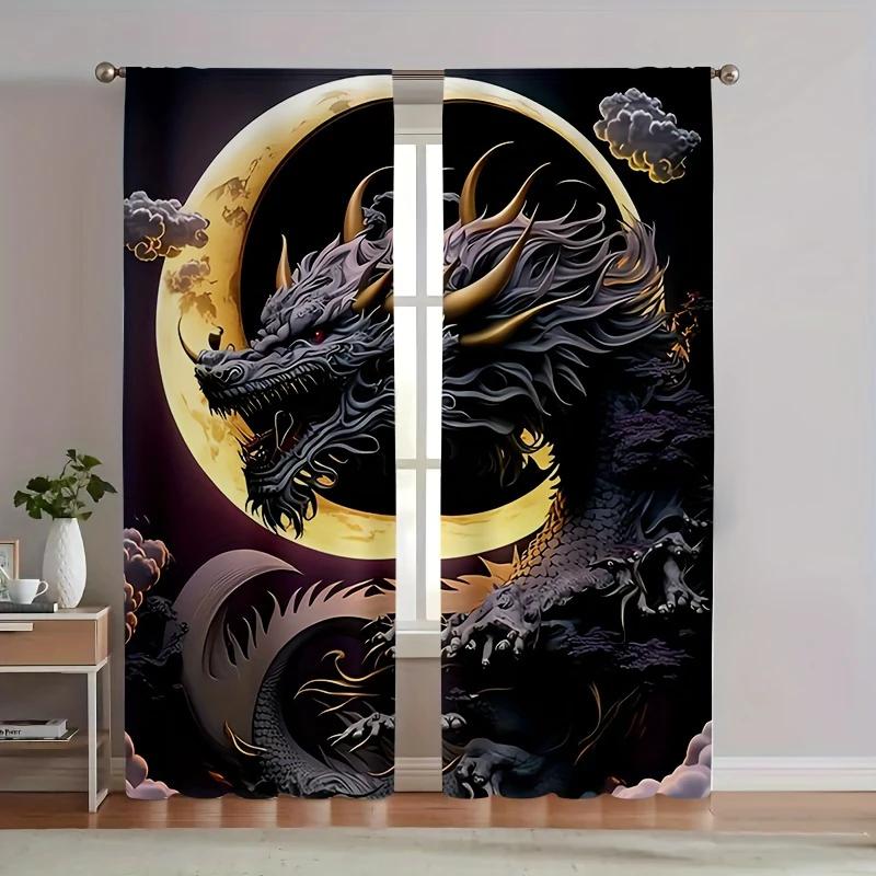 

Класичні 3D тиснені чорні драконові тотемні металеві друковані штори, штори з кишенею для карниза, домашній декор, декор кімнати 14Wx39L(35x100CM)x2
