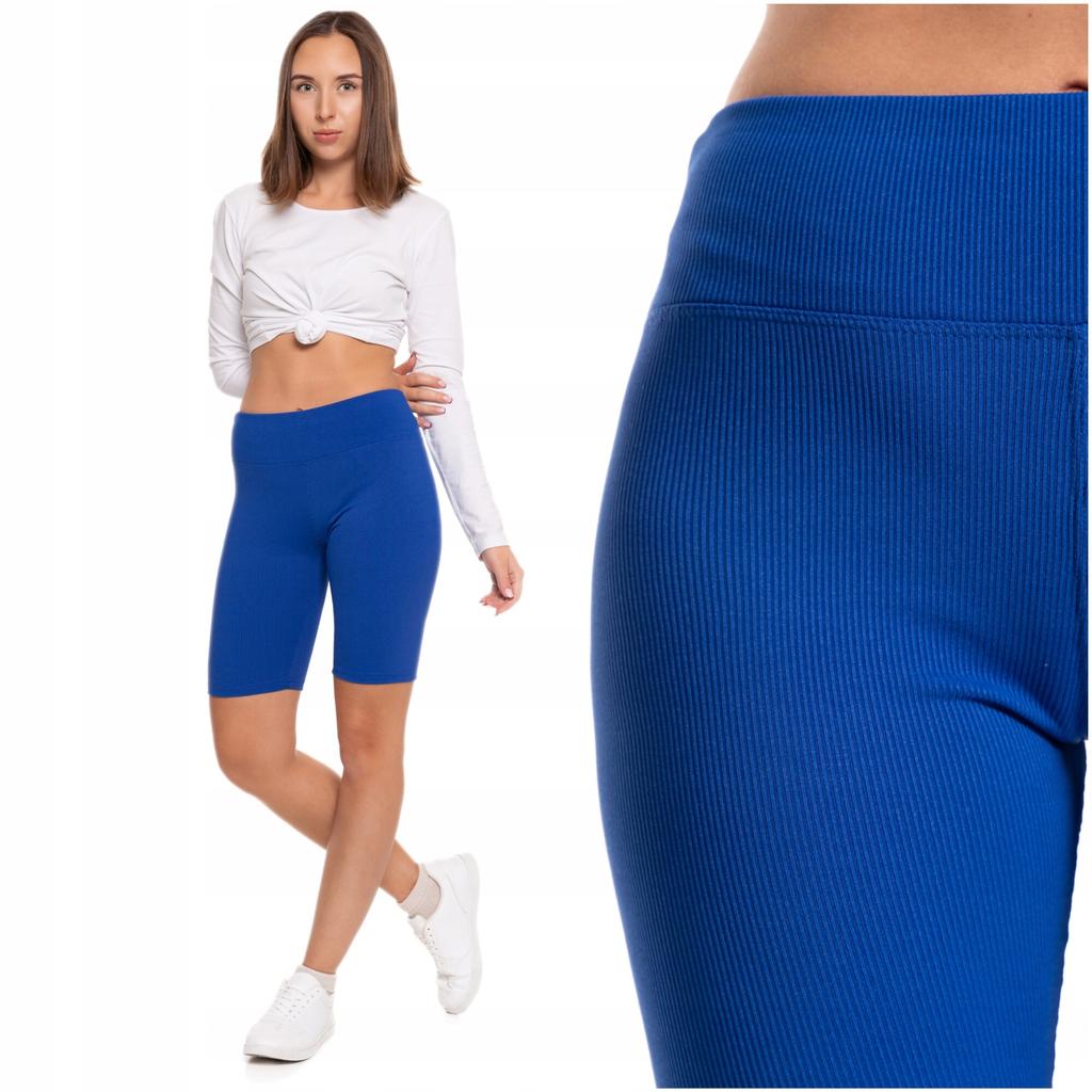 Moraj Damen Sport-Leggings Hoher Bund Kurz Gerippt Fitnessstudio-Hose Polyester Elasthan Blau L-XL