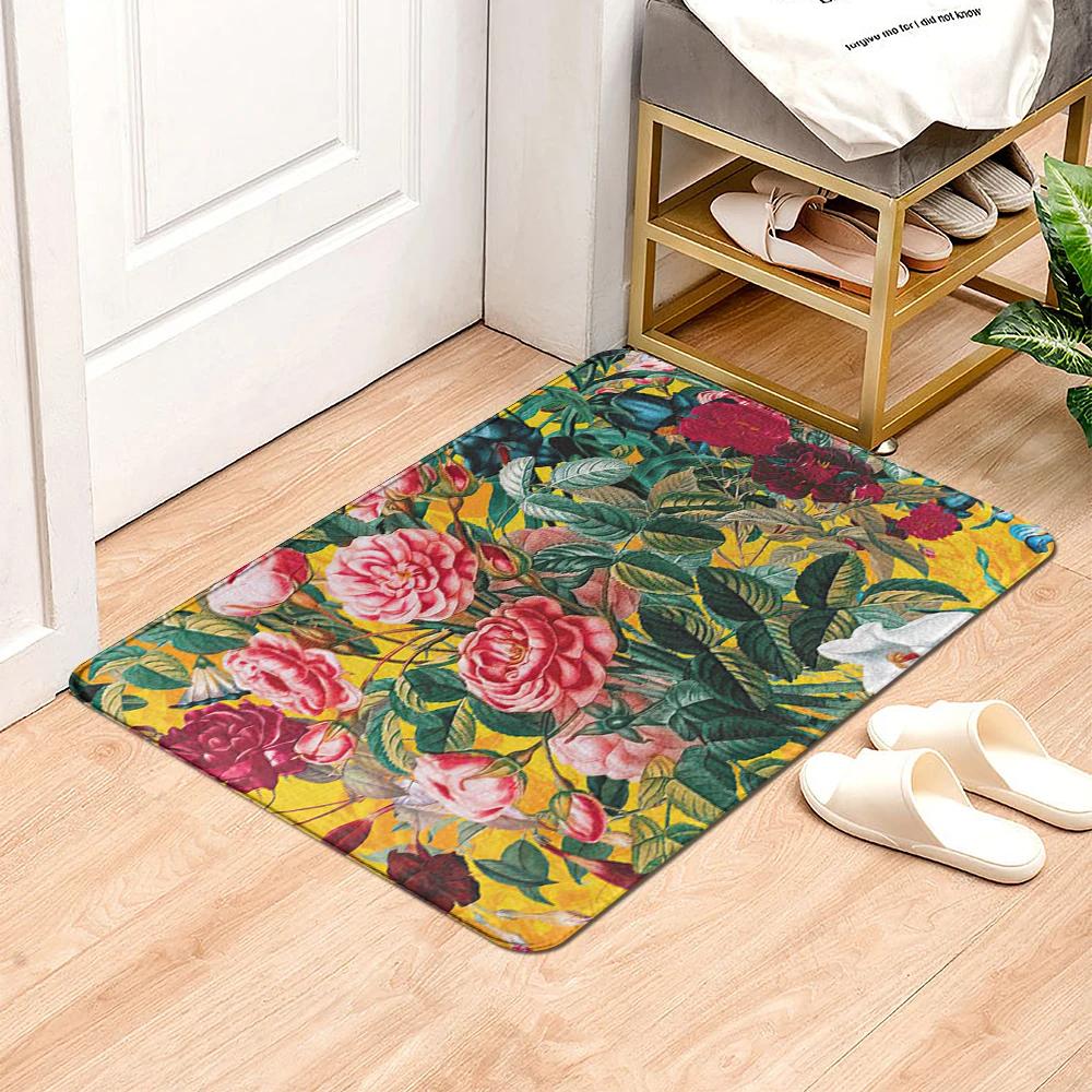 Beautiful Flowers Entrance Door Floor Mat Door Mat Non-Slip Foot Pad Home Welcome Carpet for Hallway Bath Kitchen Doormat