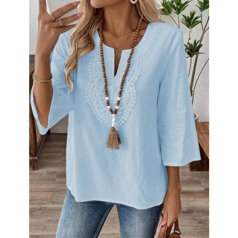 BITCED Women's Fashion Casual Solid Color Print O-Neck Blouses & Shirts
