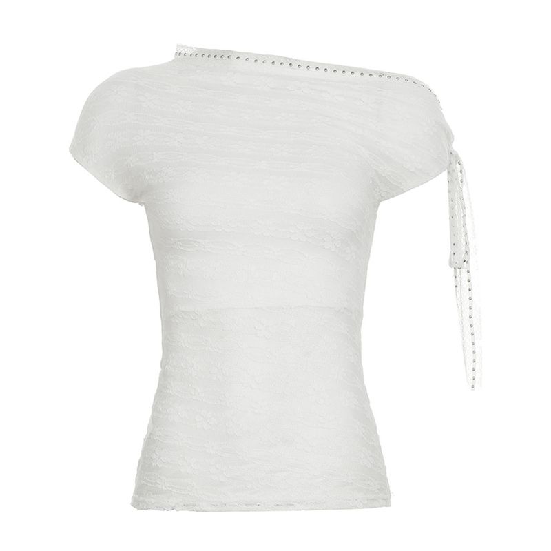 H Home European and American Women clothes French style Pure Desire Transparent Lace Sloping Shoulder Top Niche Leisure Solid Lace-up Short t-shirt
