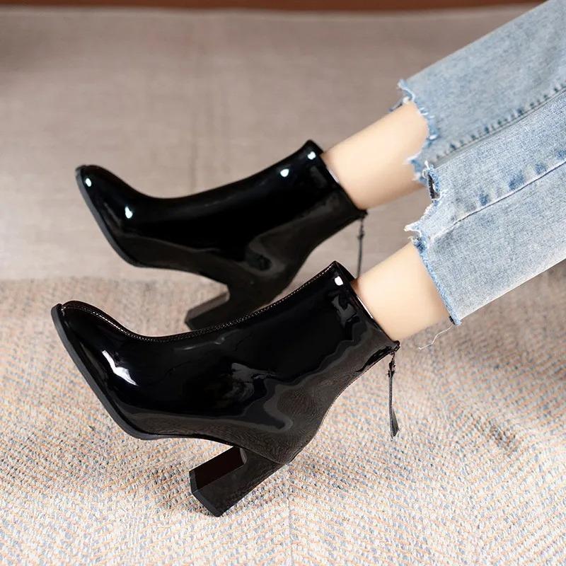 Women's High Heelded Boots Quality Patent Leather Short Boot Fashion Casual Ankle Boots for Women Square Toe Design Women Boots