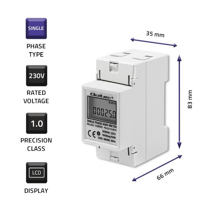 Qoltec Single-phase Electronic Meter | Energy Consumption Meter for DIN Rail | 230V | 60A | LCD | 2P