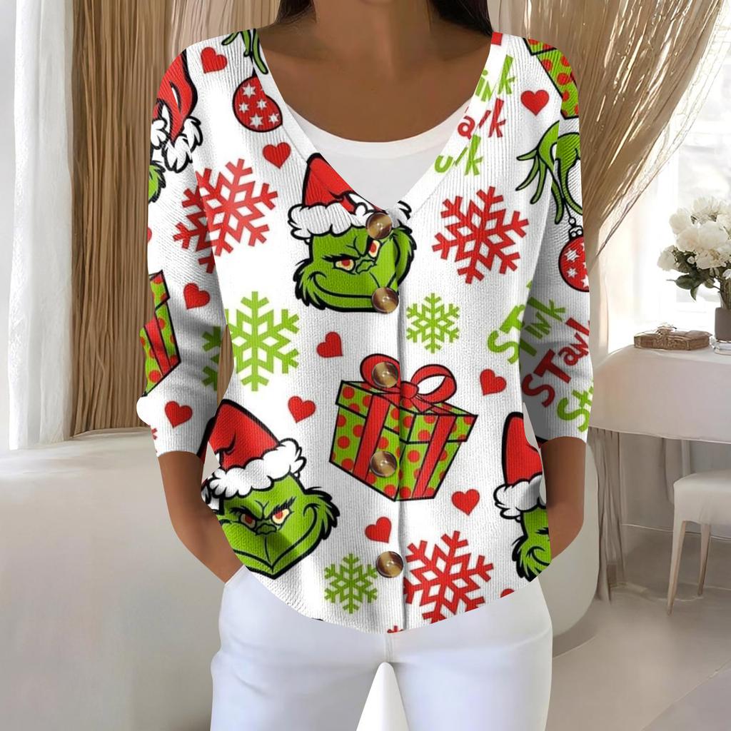 Women's Fashion Long Sleeve Christmas Snowman Snowflake Print Jacket Cardigan