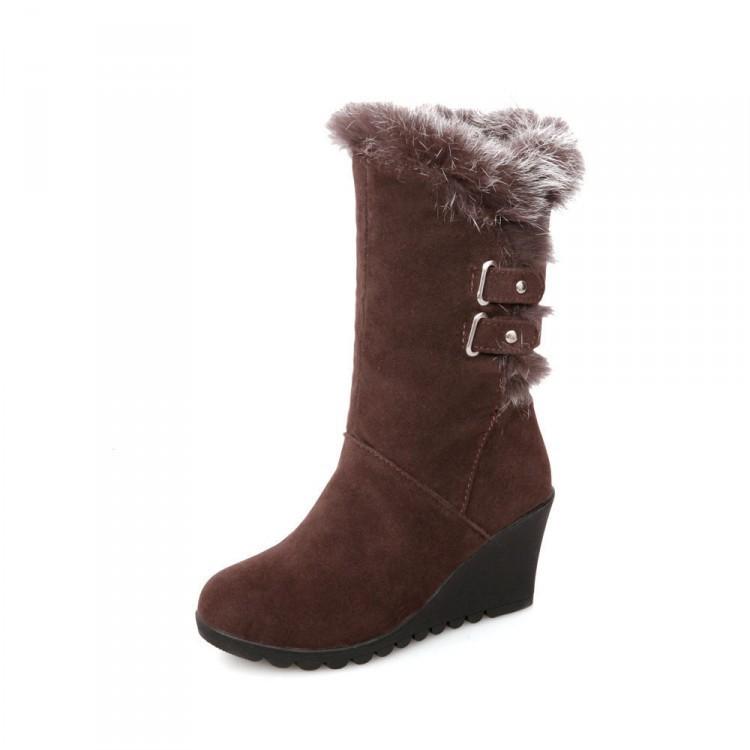 Wedge Heel Wool Cotton Boots, Rabbit Fur Wedge Heel Medium Boots, Thickened Warm Winter Boots for Women, Join