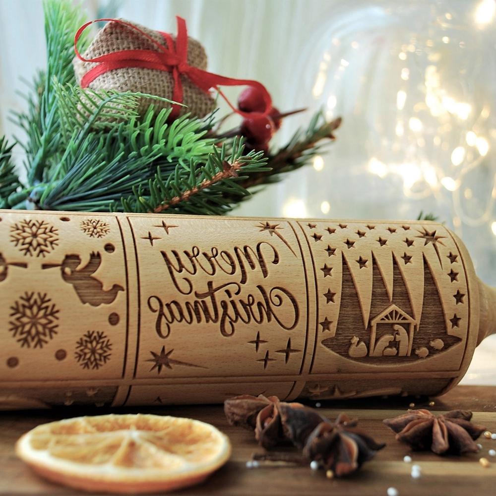 Christmas Nativity Embossed Rolling Pin Wood Carved Cookies Biscuit Fondant Dough Baking Engraved Printed Roller 35X5CM