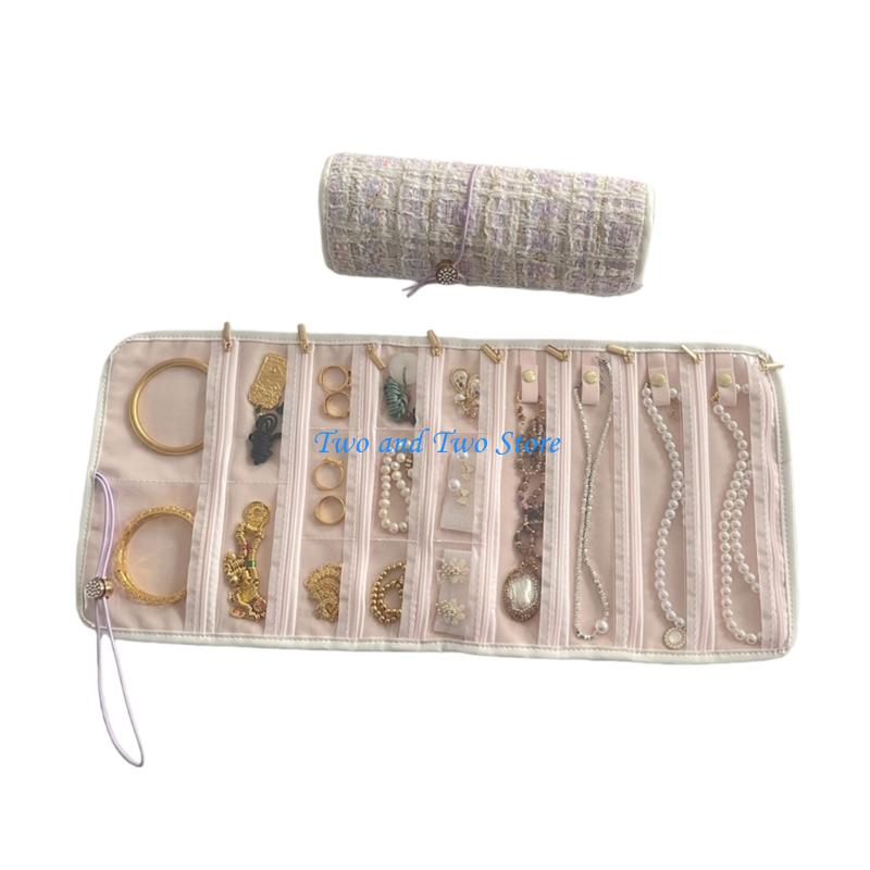 HX6F Sustainable Fabric Jewelry Organiser for Women Portable Multi Compartment Storage Bag For Necklaces Earrings