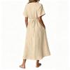 Women's Casual Loose Fit V Neck Tie Front Midi Dress Lightweight Comfortable Long Dress with Short Sleeves and Pockets for Everyday Wear