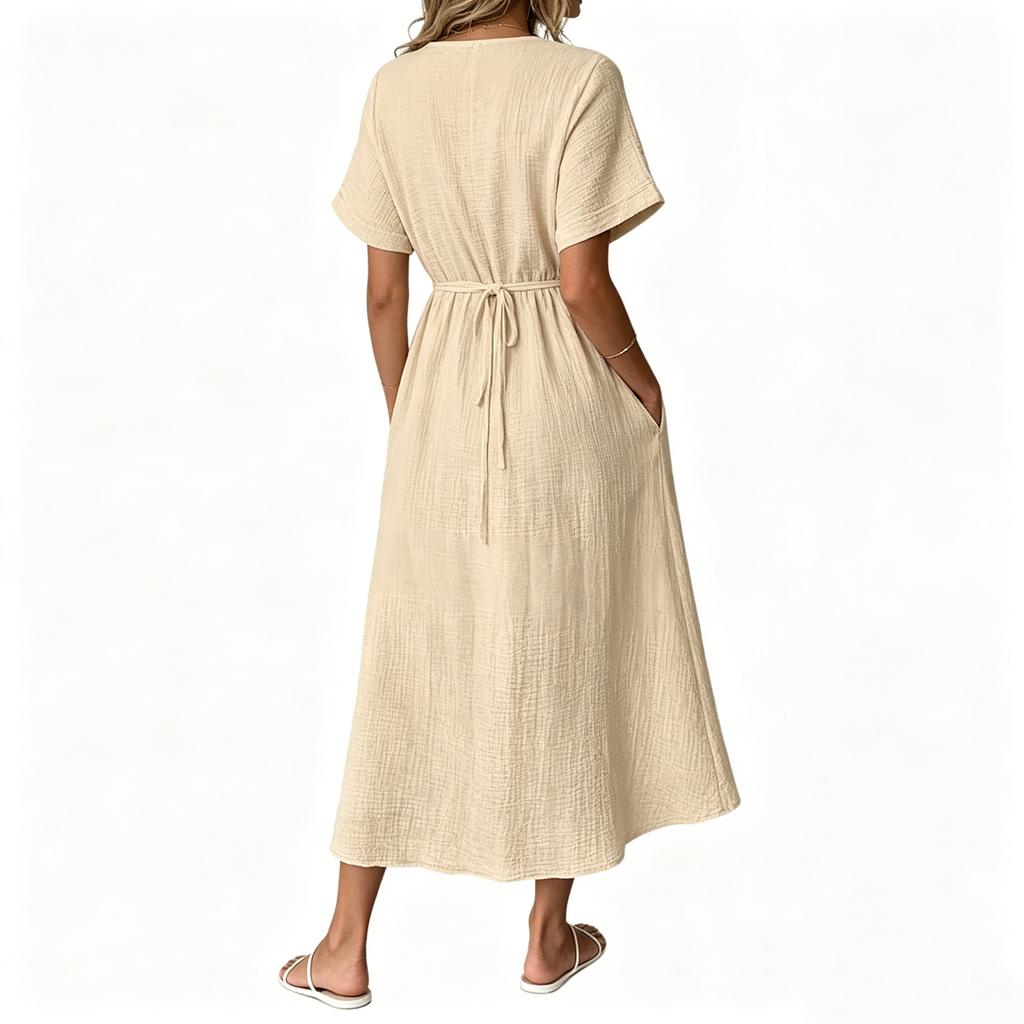 Women's Casual Loose Fit V Neck Tie Front Midi Dress Lightweight Comfortable Long Dress with Short Sleeves and Pockets for Everyday Wear
