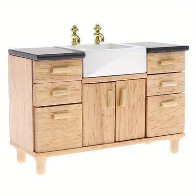Mueble de lavabo de madera con fregadero de mano de cerámica, muebles en miniatura, juguetes para casa de muñecas, decoración de baño y cocina, 1/12