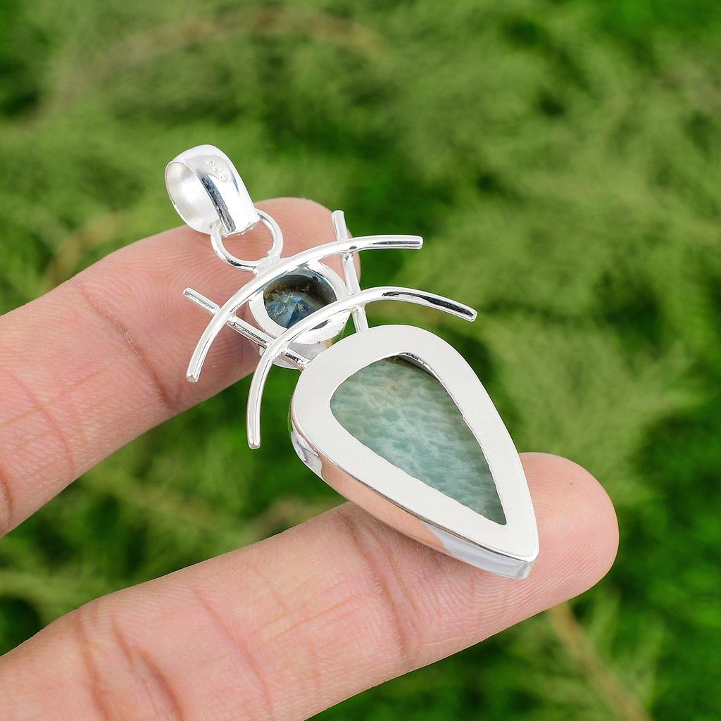 Sterling Silver Natural Amazonite Swiss Blue Topaz Birthday Boho Pendant Jewelry