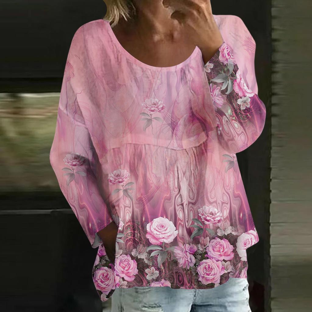 Damen Casual Mode Locker Rundhals Blumenmuster Langarm Oberteil