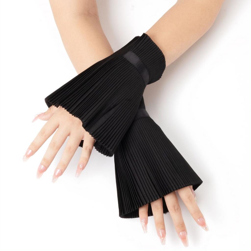 Elegant Detachable Pleated False Collar Pearls Button Shawl and Faux Sleeves Cuffs Set for Parties Costume or Casual