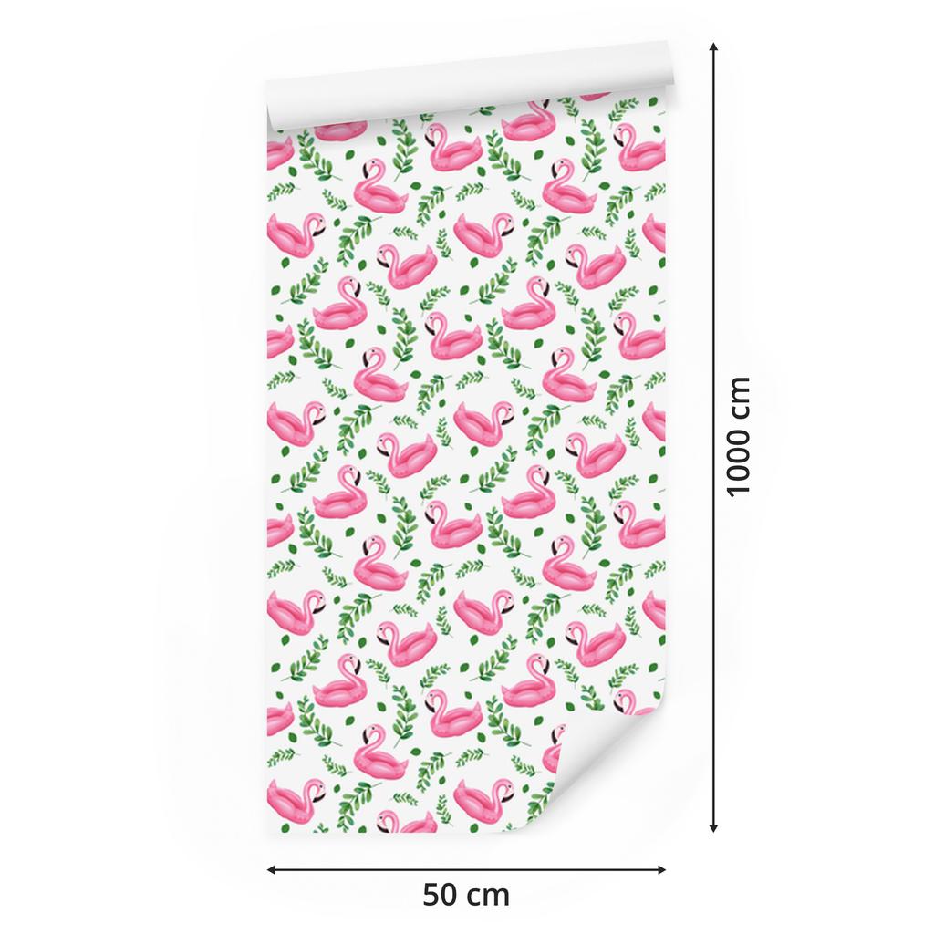 Flamingos Wallpaper in White, Powder Pink and Green for Living Room and Bedroom 50x1000