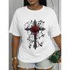 European Size Gothic Rose Cross Print, Casual Spring/summer T-shirt, Machine Washable, Stylish Base Layer, for Holidays and Festivals,Versatile