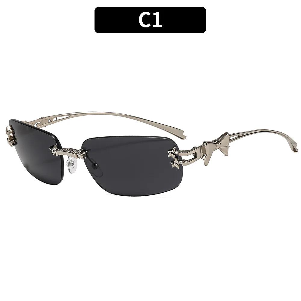

Y2K Rimless Rectangular Bow Frame Goggles Women Premium Design Sun Eyeglasses Punk Popular Hip Hop Rivet Star Pink Sunglasses