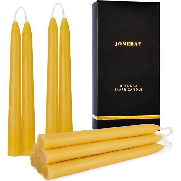 Ivory Beeswax Taper Candles, Unscented and Smokeless Taper Candles, 8-inch Pure Natural Beeswax Candles for Holiday, Birthday (Pack of 10)