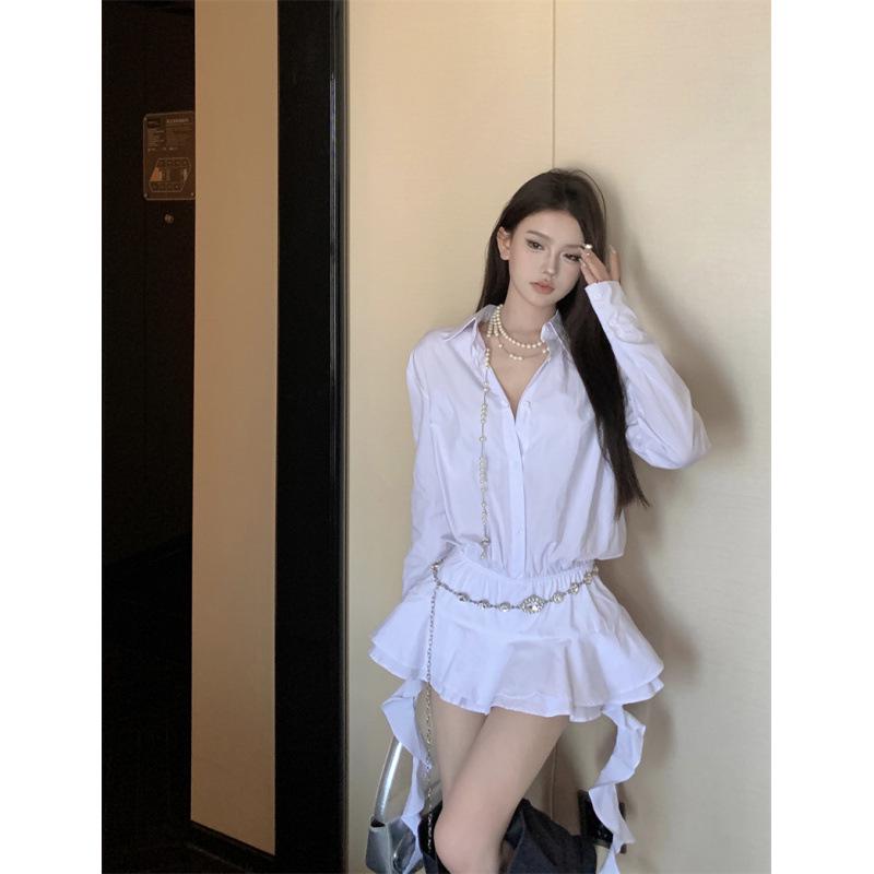 

Spicy Girl Ruffled White Shirt Dress with Irregular Waist-Cinching Design L