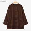 ZANZEA Women Irregular Hem Casual Round Neck Stripe Long Sleeve Blouse