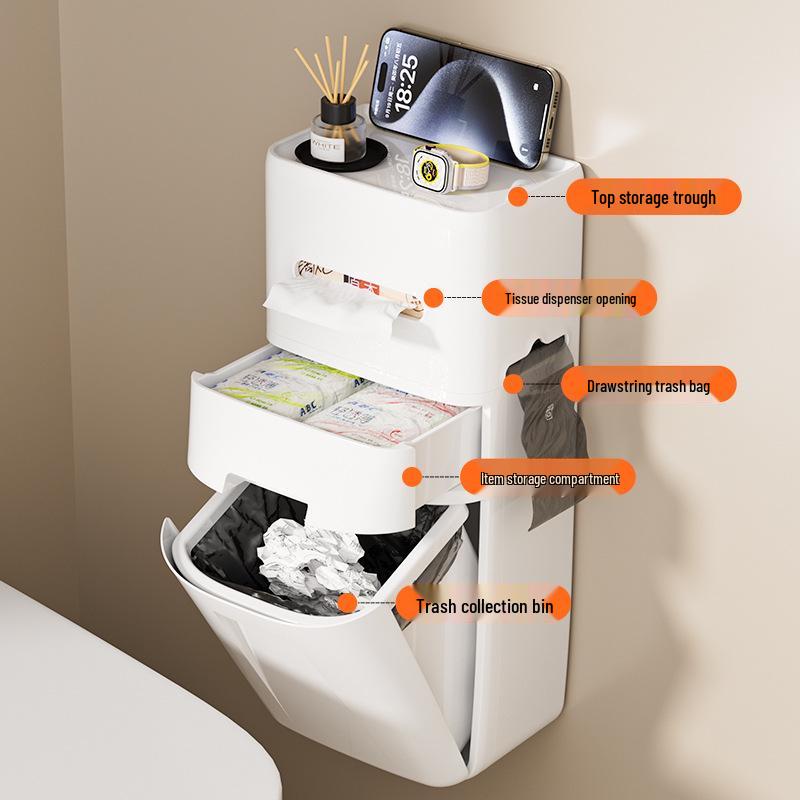 Wall-Mounted Bathroom Trash Can with Lid & Toilet Paper Holder for Home Use