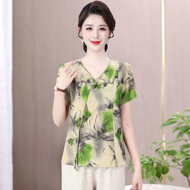 

2024 Summer Short Sleeve Cotton Linen Two-Piece Set for Women in Chinese Style 6XL [155-165 lbs]