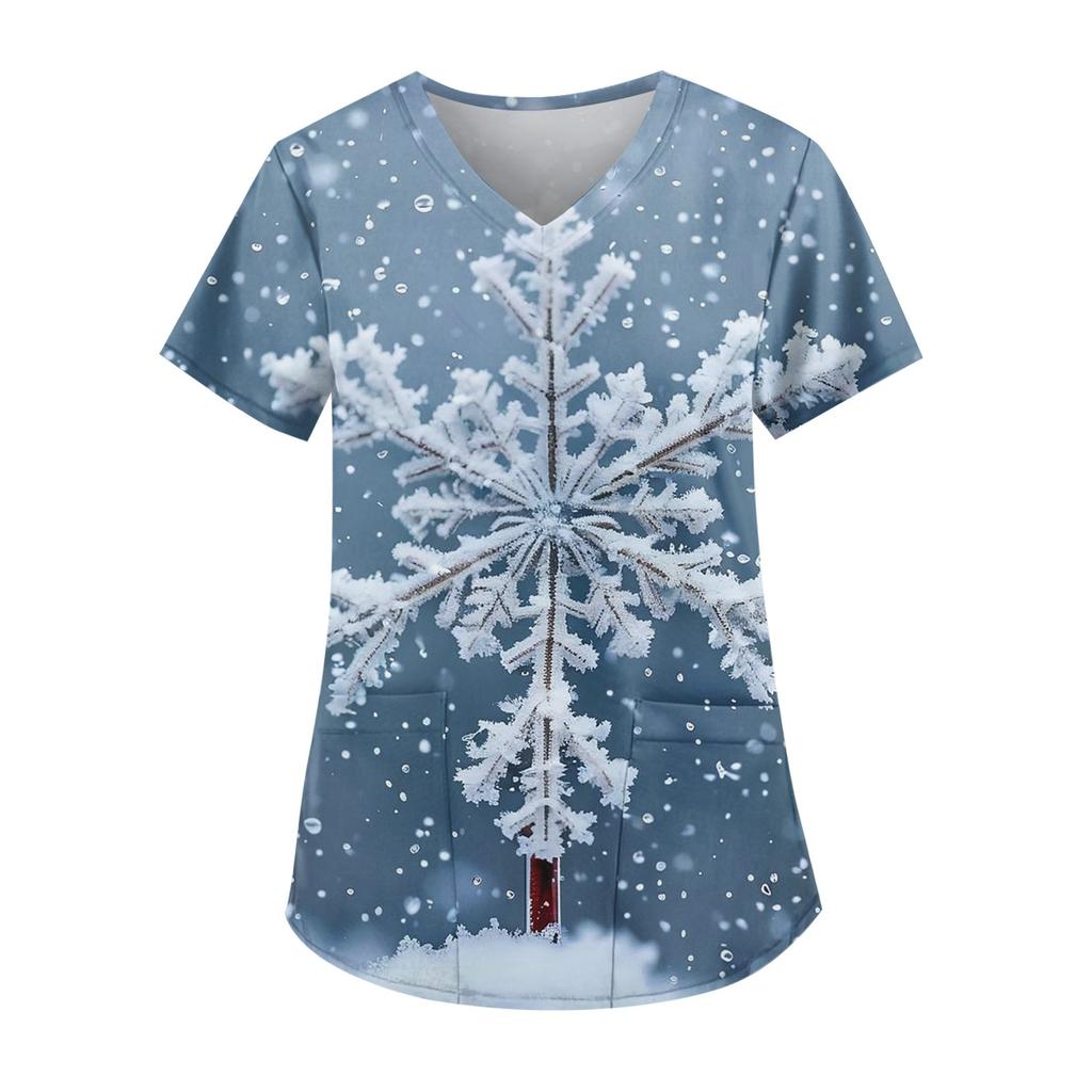 Women's Fashion V-Neck Short Sleeve Workwear With Pocket Christmas Printed Top