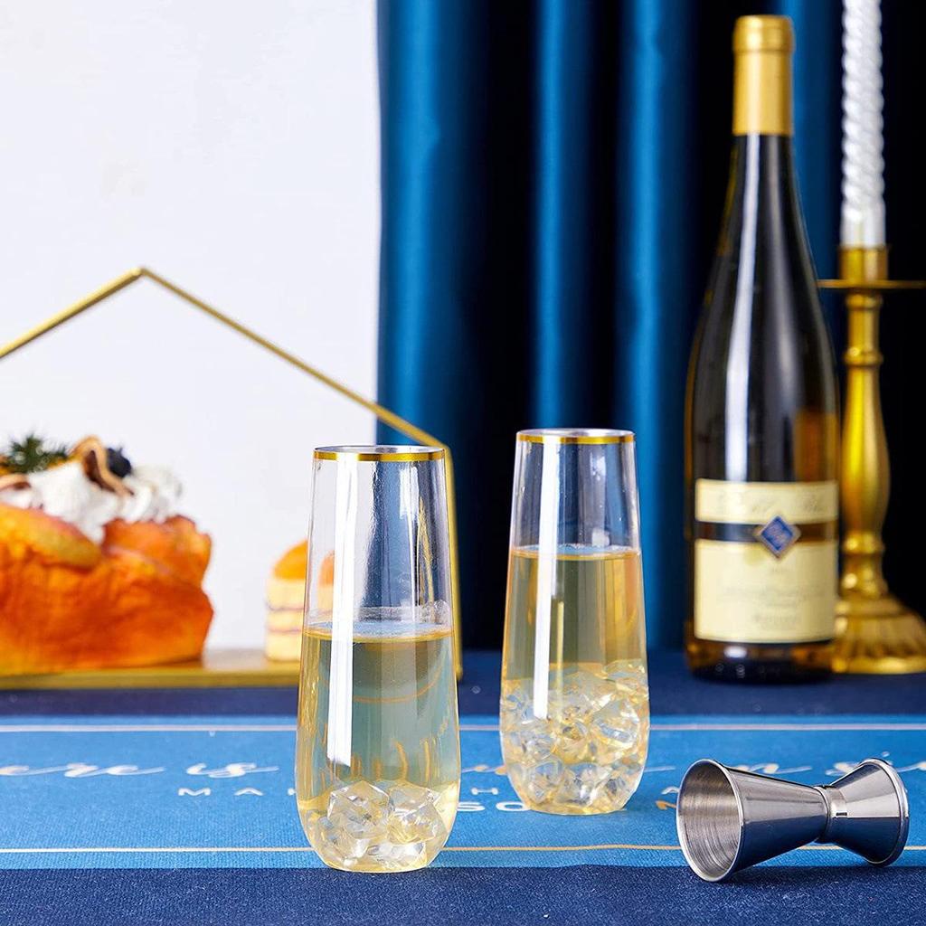 9oz PET Gold Rim Disposable Plastic Wine Glass - Creative Champagne & Red Wine High Stem Glass