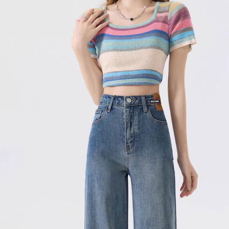 

Women s Retro Blue Narrow & Wide Leg Slightly Elastic Jeans 32