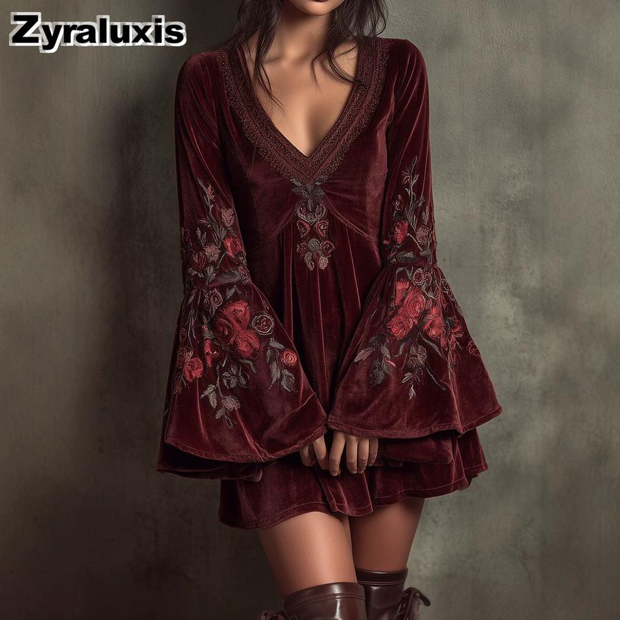 Nauja bohemiško stiliaus vyno raudonumo aksominė mini suknelė su siuvinėjimais ir varpelio formos rankovėmis