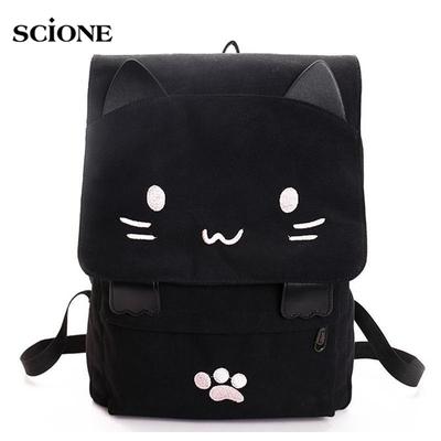Cute Cat Canvas Backpack Cartoon Embroidery Teenage Girls School Fashio Rucksack Mochilas Bag