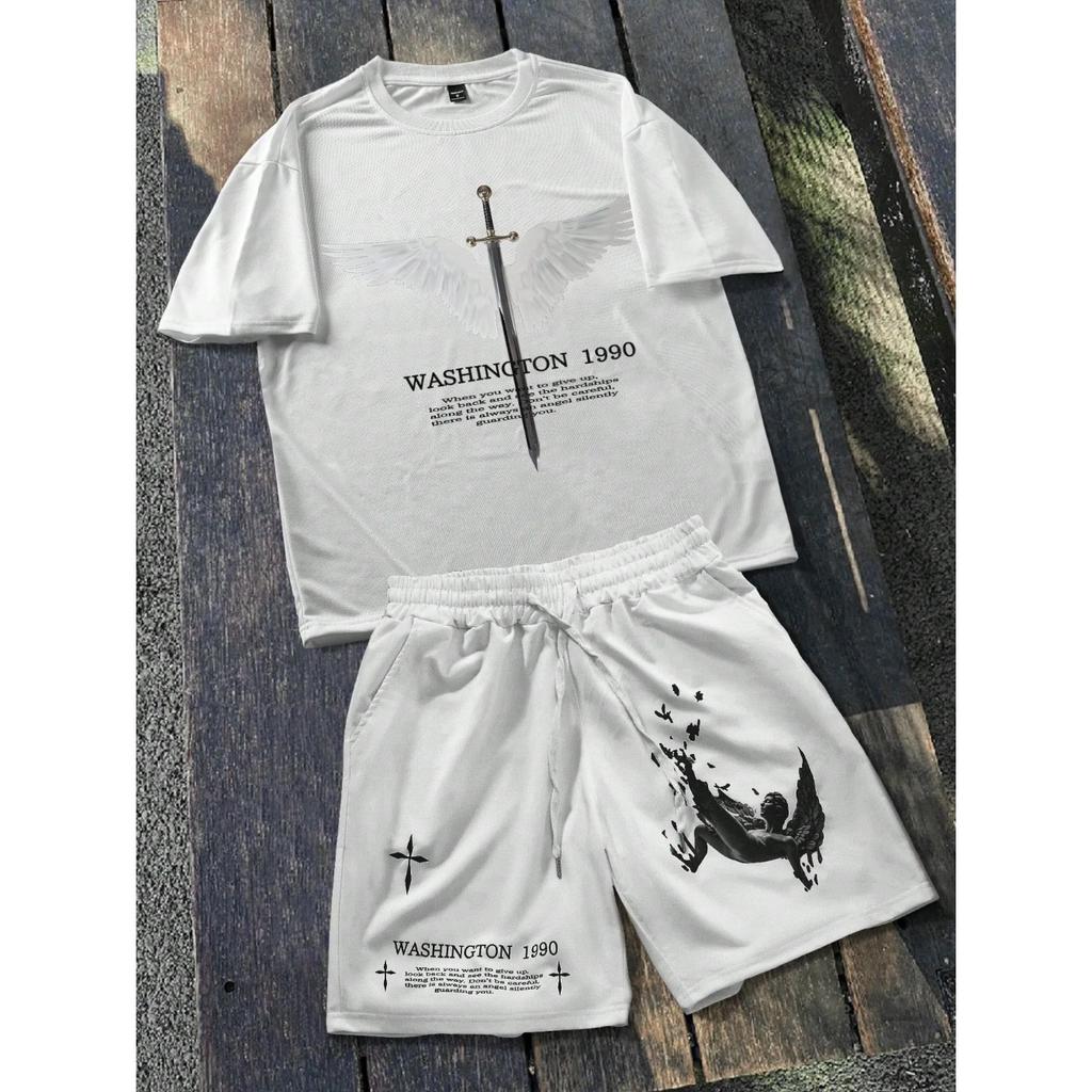 2026 Summer New Unisex Short-Sleeved Shorts Set with 3D Wings Pattern Print for Street Casual Fashion Comfortable and Soft