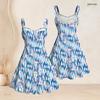 Women Plus Size White Purple Printed Sleeveless Strappy Dress Square Neck Fitted Waist Flared Hem