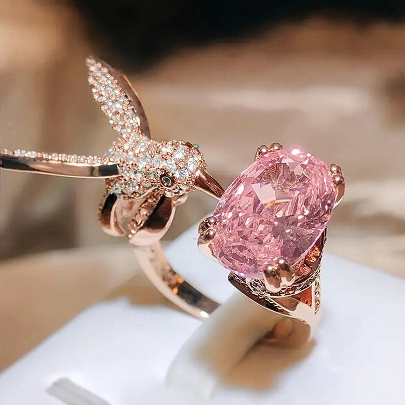 Luxury Hummingbird Animal Opening Ring Female Rose Gold Color Pink Zirconia Finger Accessories Party Adjustable Jewelry