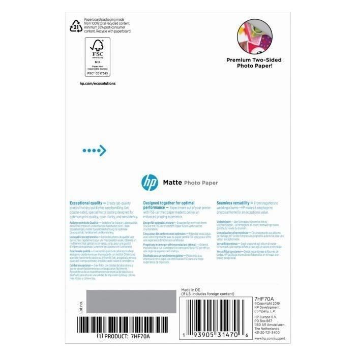 HP Matte Photo Paper - 180 G/m2 - 10 X 15 Cm - 25 Sheets (7HF70A)