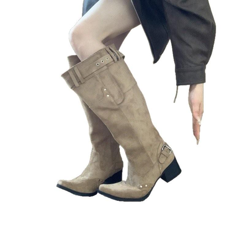 But knee boots women's 2025 autumn and winter khaki suede pointed boots children thick heel thin pleated piled boots