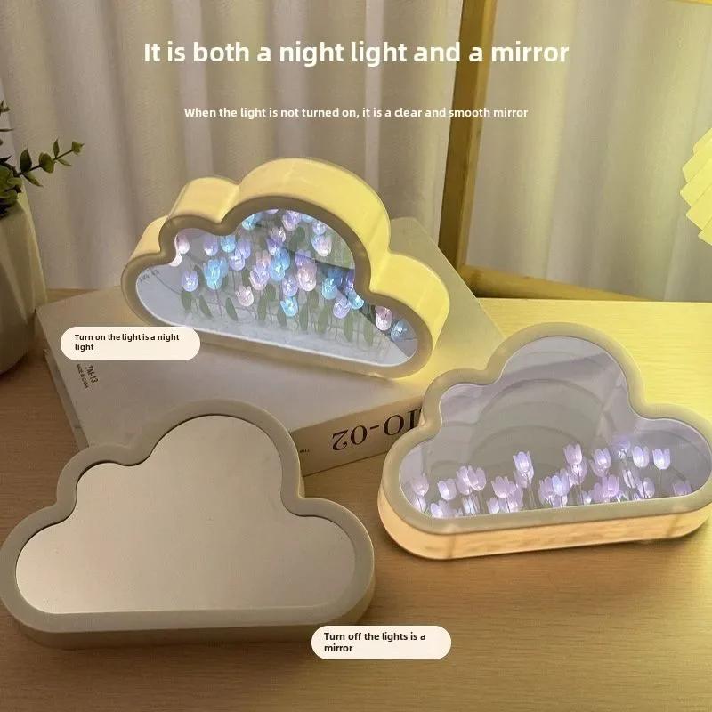 DIY Cloud Tulip Night Light Handmade Material Flower Home Decor Mirror Creative Atmosphere Lamp Valentine's Day Birthday Gift