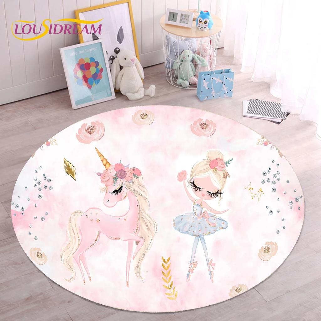 Cute Ballet Girl Ballerina Fairy Unicorn Cartoon Round Area Carpet Rug for Living Room Bedroom Kids Decor,Pet Area Rug Non-slip
