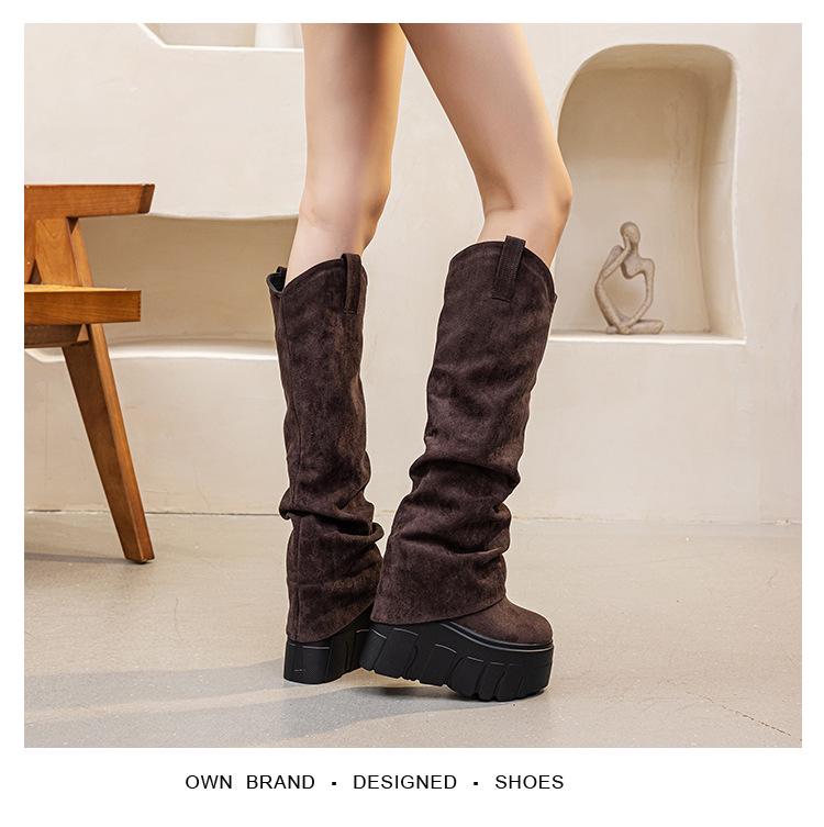 2025 Autumn/Winter Women's Ruched Suede High-Top Boots with Thick Soles and Hidden Height Increase