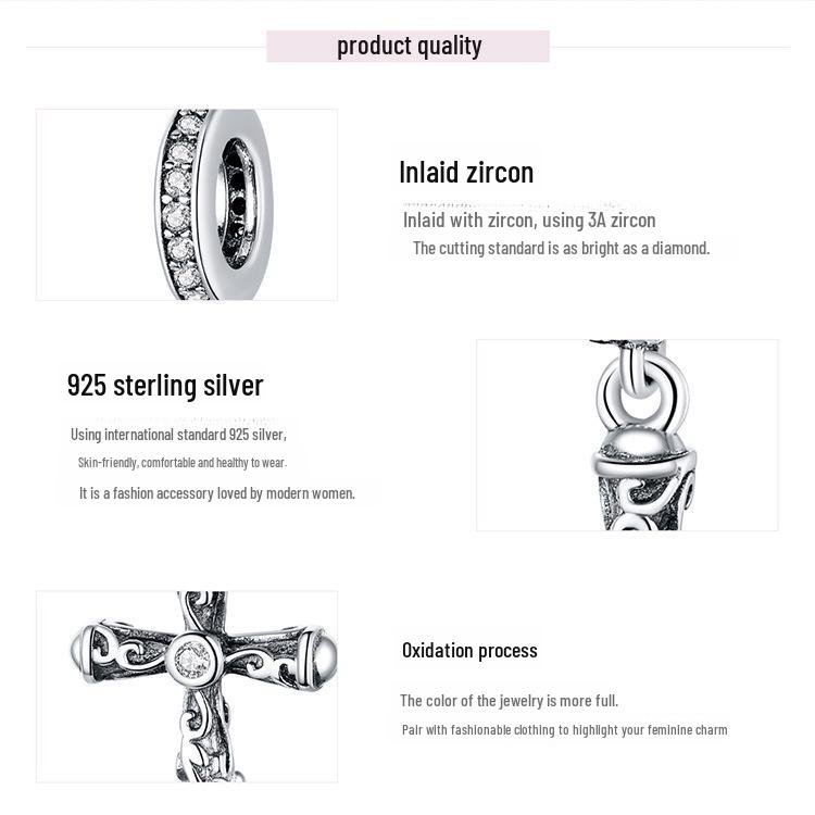 S925 Silver Vine Cross Pendant - European & American Style, Retro Pattern DIY Jewelry Accessory (BSC313)