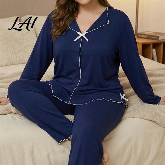 Breathable House Clothes for Ladies Women's Plus Size Pajama Set Long Sleeve Top And Pants Cozy Loungewear Women with Bow Ruffle 2 Piece Soft