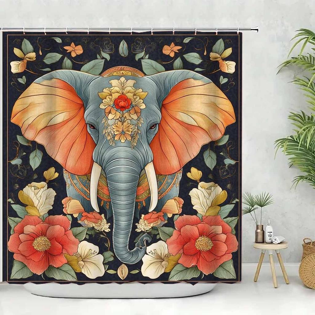 1Pc Beautiful Elephant God Designed Polyester Shower Curtain, With 12 Hooks, Machine Washable, Suitable For Bathroom Decor
