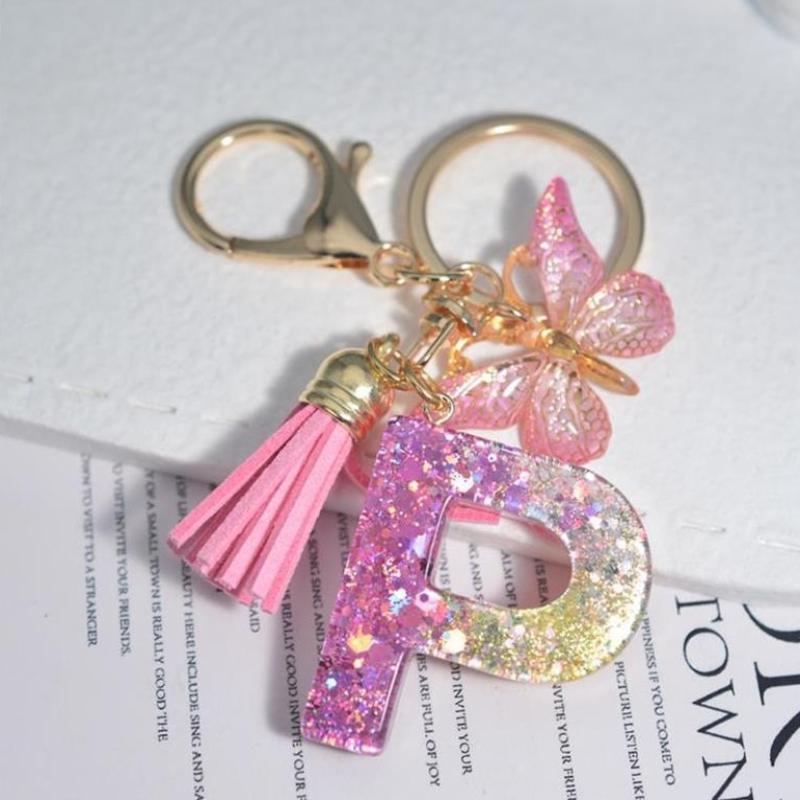 Fashion 26 English A-Z Initial Letter Resin Keychain Cute Butterfly Tassel Keyring Backpack Charm Pendent Accessories Gift