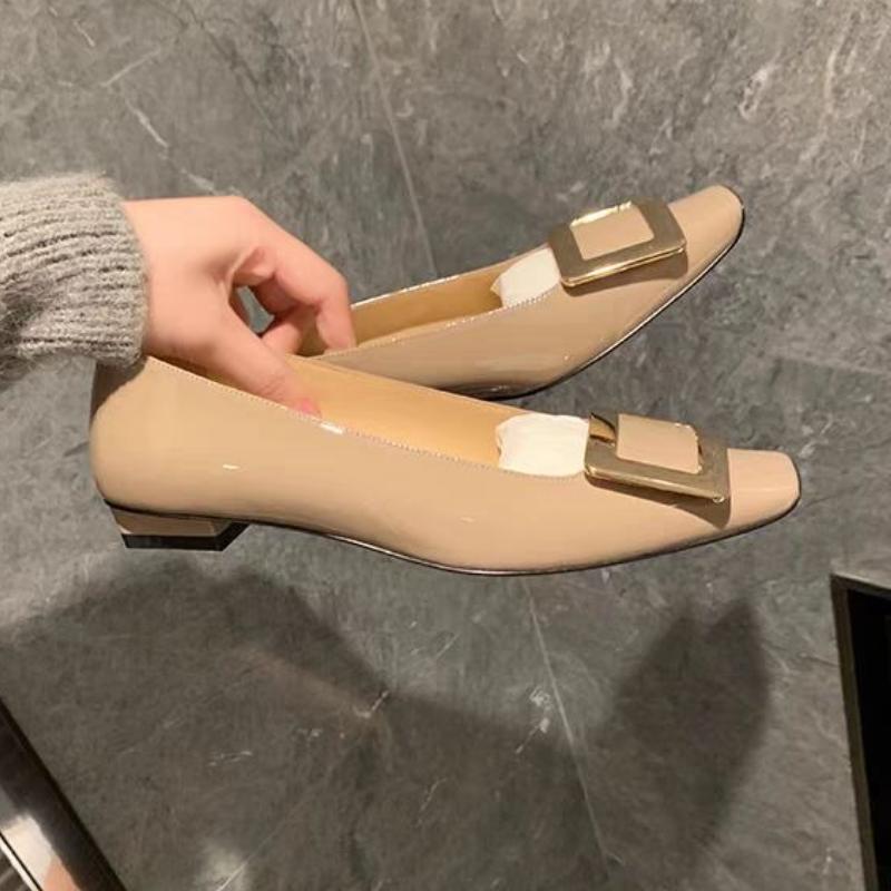 Patent Leather Block Heel Single Shoes Autumn New Square Toe Shallow Mouth Metal Square Buckle Soft Sole Non-slip Low Heel Shoes
