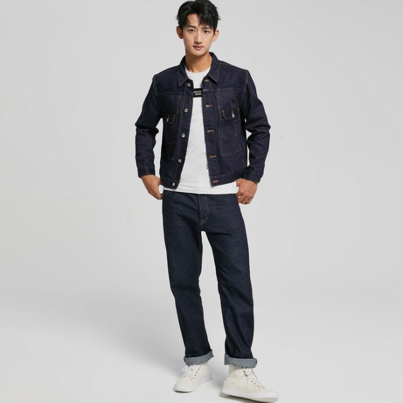 Calvin Klein Minimalist Denim Jacket With Pocket Design And Single-Breasted Square Collar Unisex Outerwear Dark-Blue 40688ST-5DB
