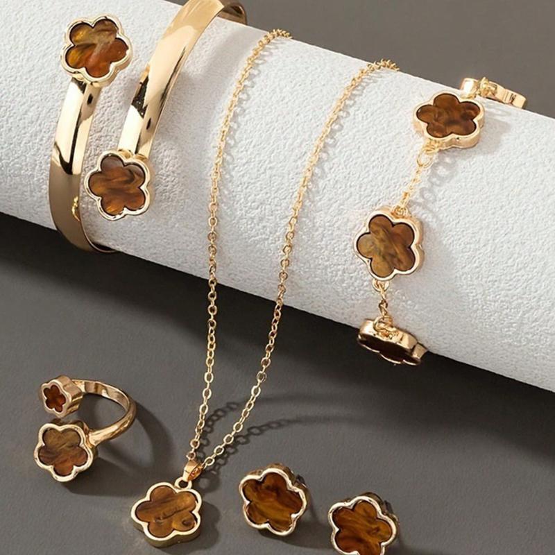 6pcs/Set Women's Same Color Lucky Flower Decoration Accessory Combination 1 Pair Of Earrings 1 Necklace 1 Bracelet 1 Bracelet 1 Ring Set Suitable