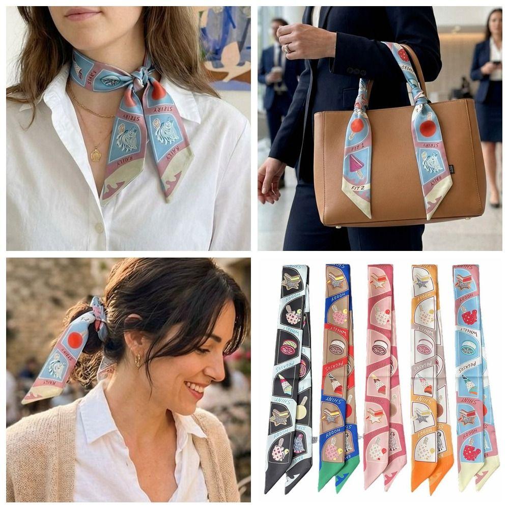 Bow Ties Plaid Scarf Printed Long Ribbon Scarves Retro Long Silk Scarf  Female