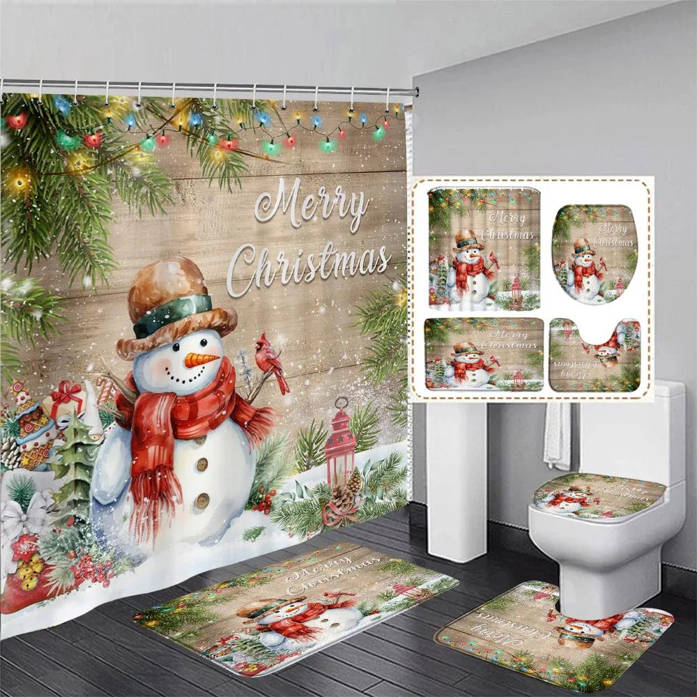 Red Christmas Shower Curtain Set Funny Santa Claus Gift Green Pine Branches Xmas Balls Home Bathroom Decor Bath Mat Toilet Cover