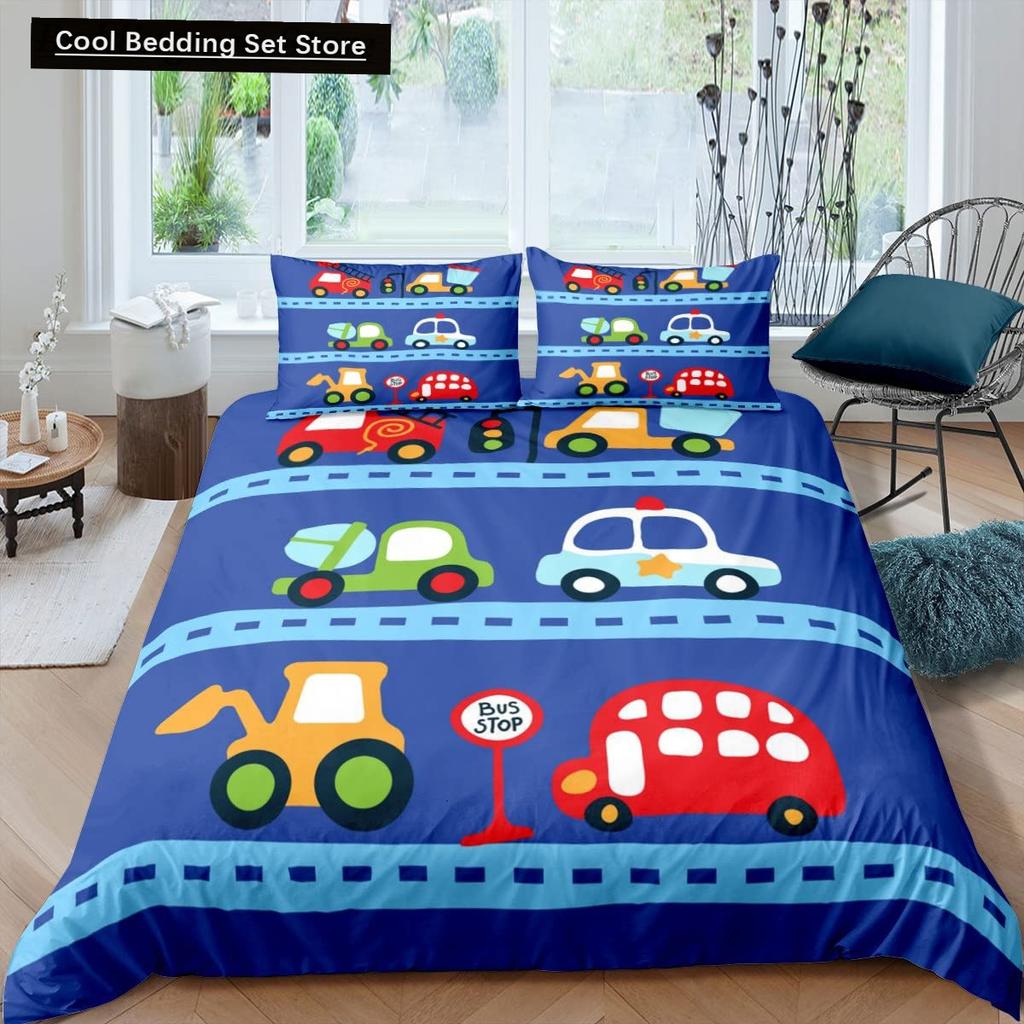 Truck Excavator King Queen Duvet Cover Yellow Tractor Bedding Set for Kids Boys Girls Cartoon Car Transporter 2/3pcs Quilt Cover