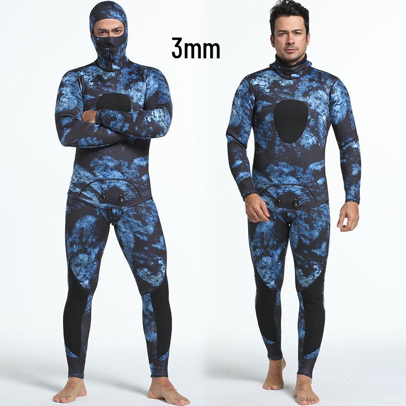 Kamuflážový 3mm potápěčský a spearfishingový neopren s kapucí - Chladuvzdorný a teplý jednodílný oblek pro freediving a lov